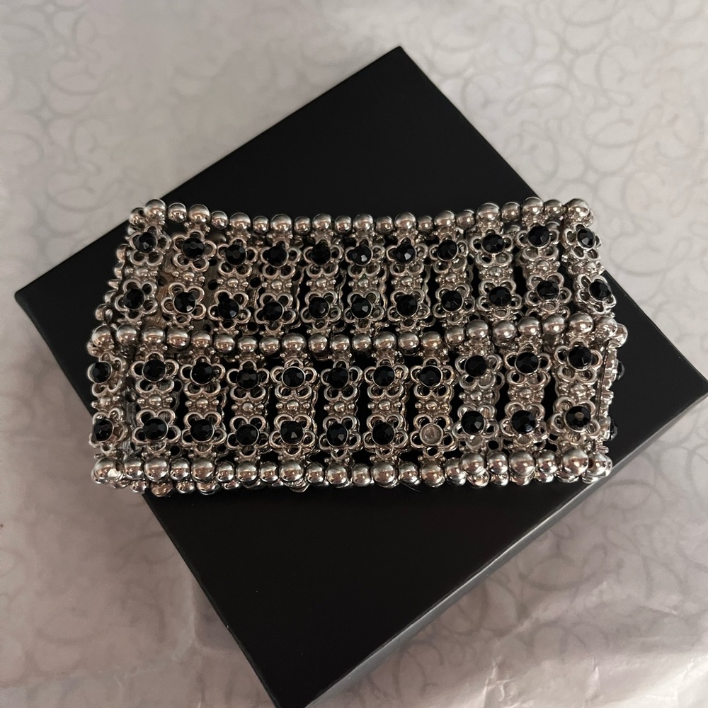 1.75” Wide  Silver and Black Floral Stretch Bracelet